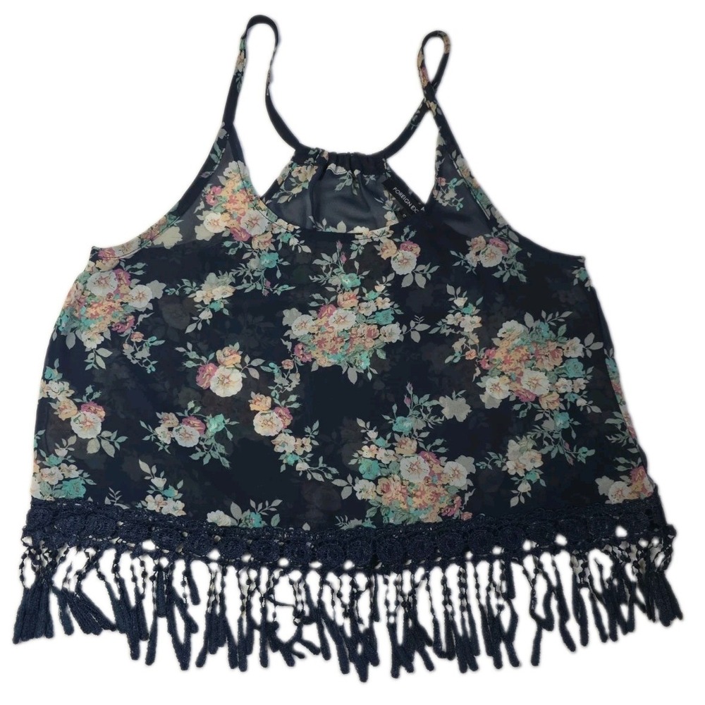 Foreign Exchange Floral Fringe Chiffon Crop Tank Top - Size Small